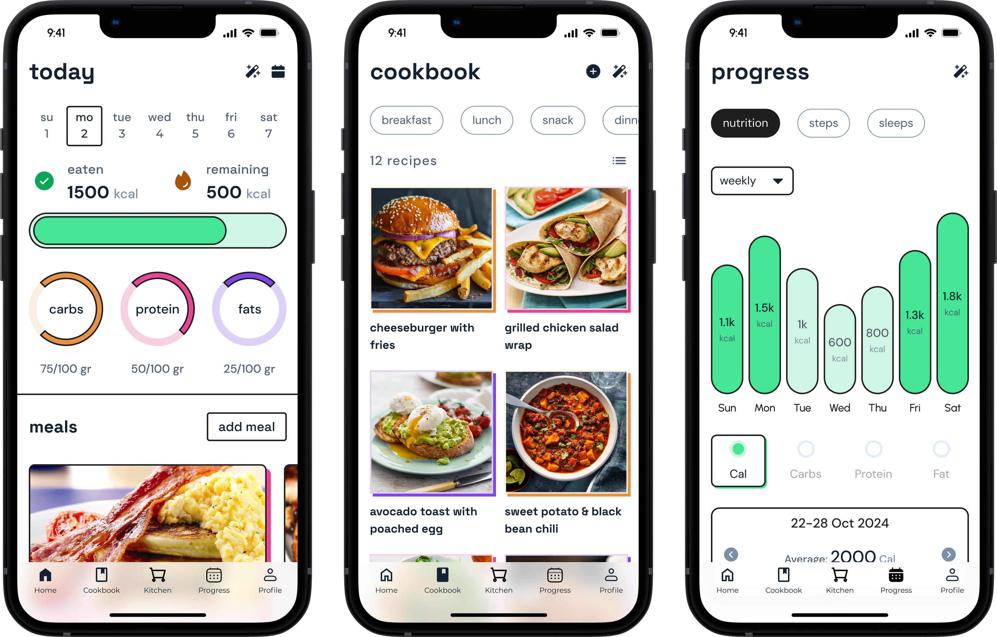 Three Cook AI screens on phones: the day's calories and macros, the cookbook, and weekly nutrition progress
