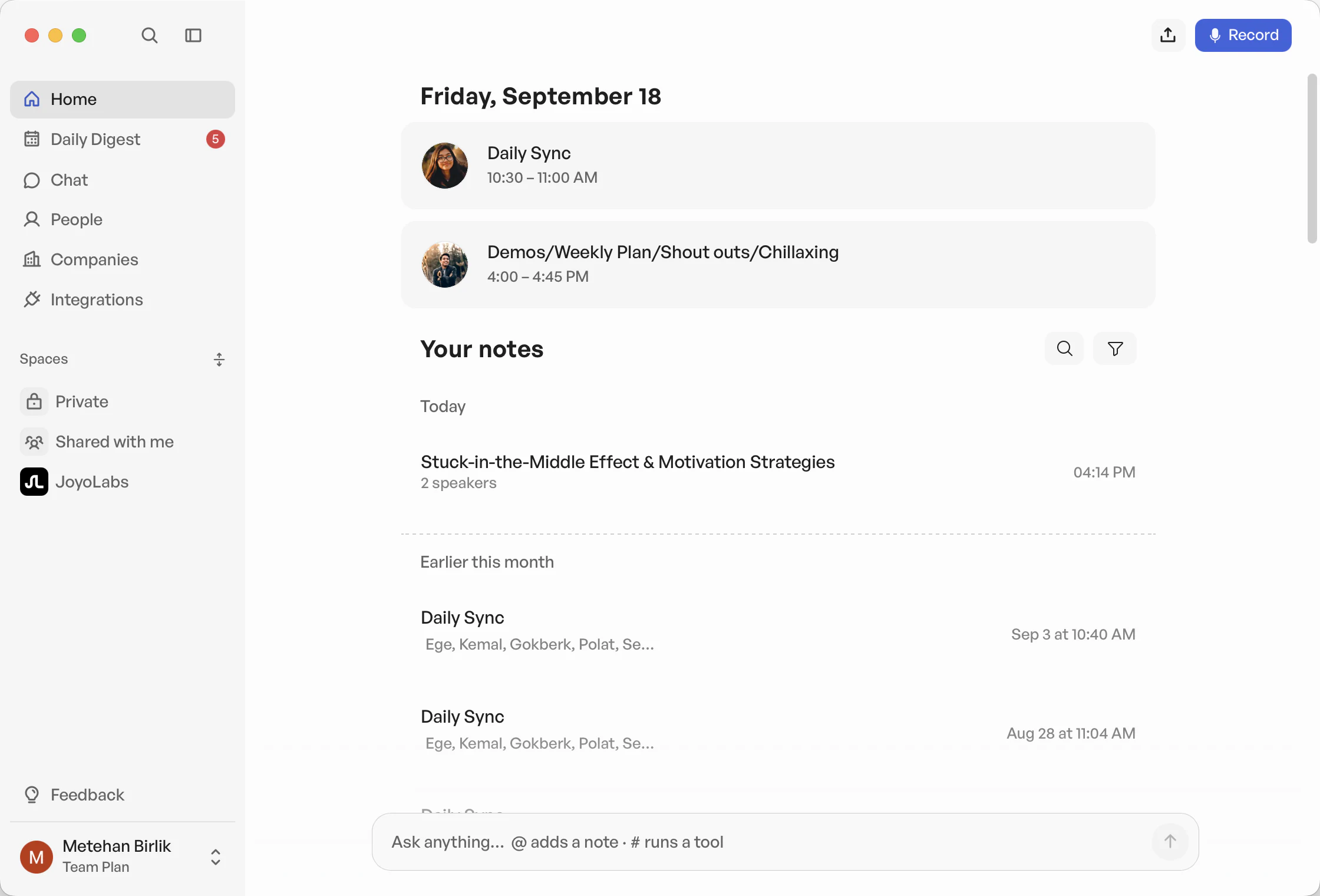 The CraftNote desktop app home screen, showing the day's meetings above a list of recent notes