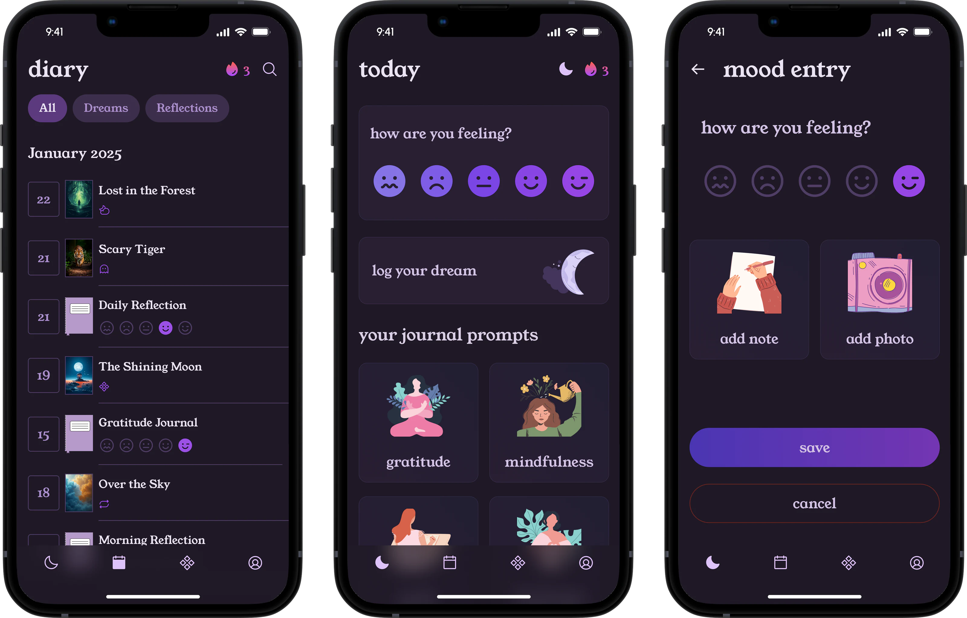 Three Dream Master screens on phones: the diary, today, and a mood entry