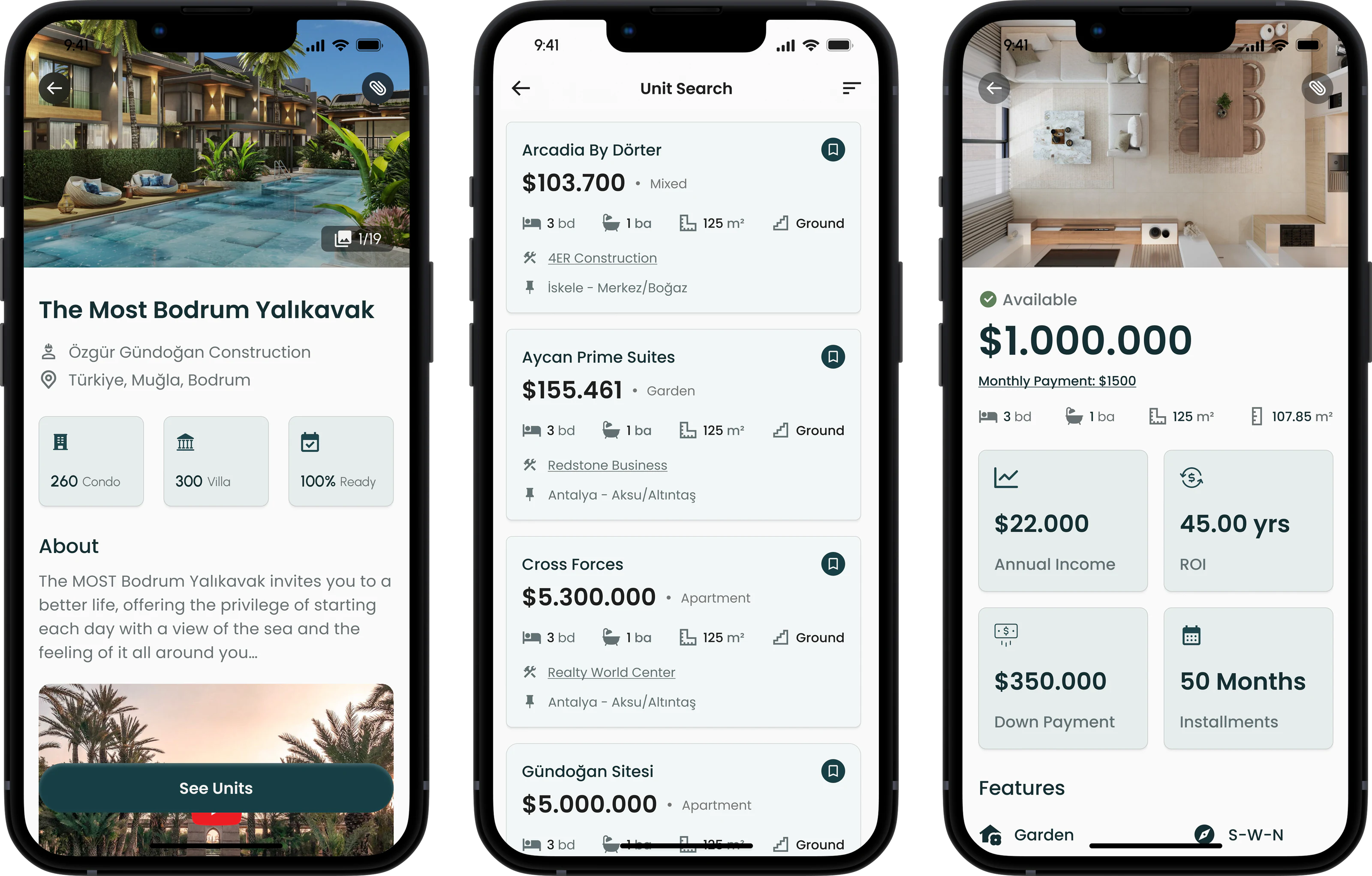 Three Proje Sunum screens on phones: a project overview, unit search results, and a unit's price and payment plan