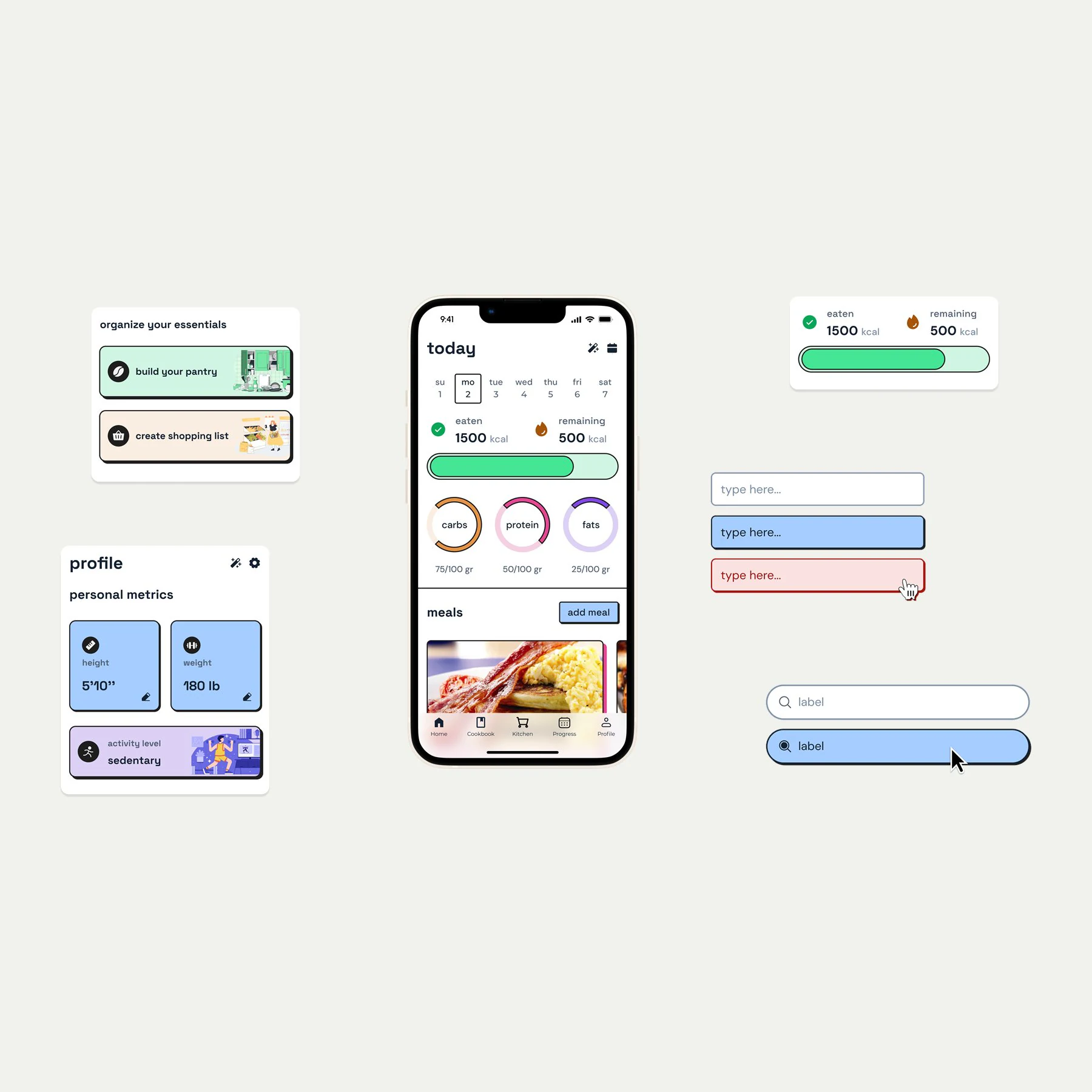 Cook AI's today screen on a phone, surrounded by pantry, profile and input components