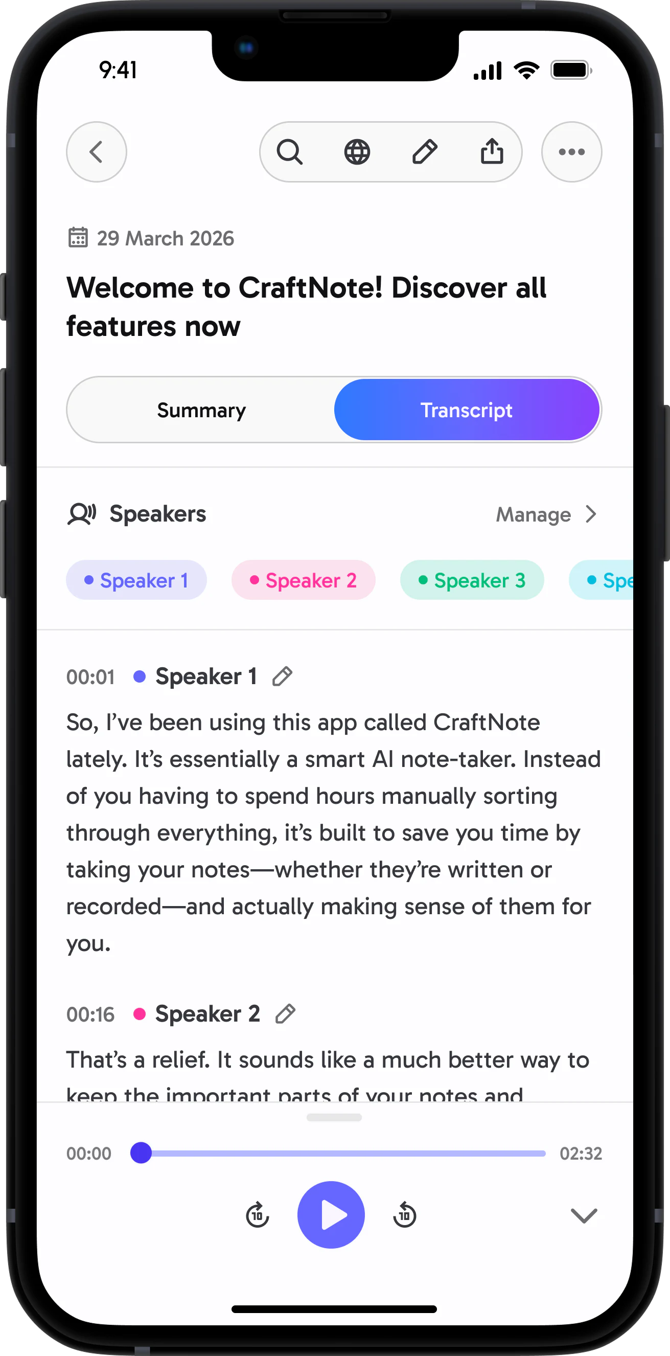 A transcript whose speakers are still named Speaker 1, 2 and 3, with the speaker identification intro sheet rising over it