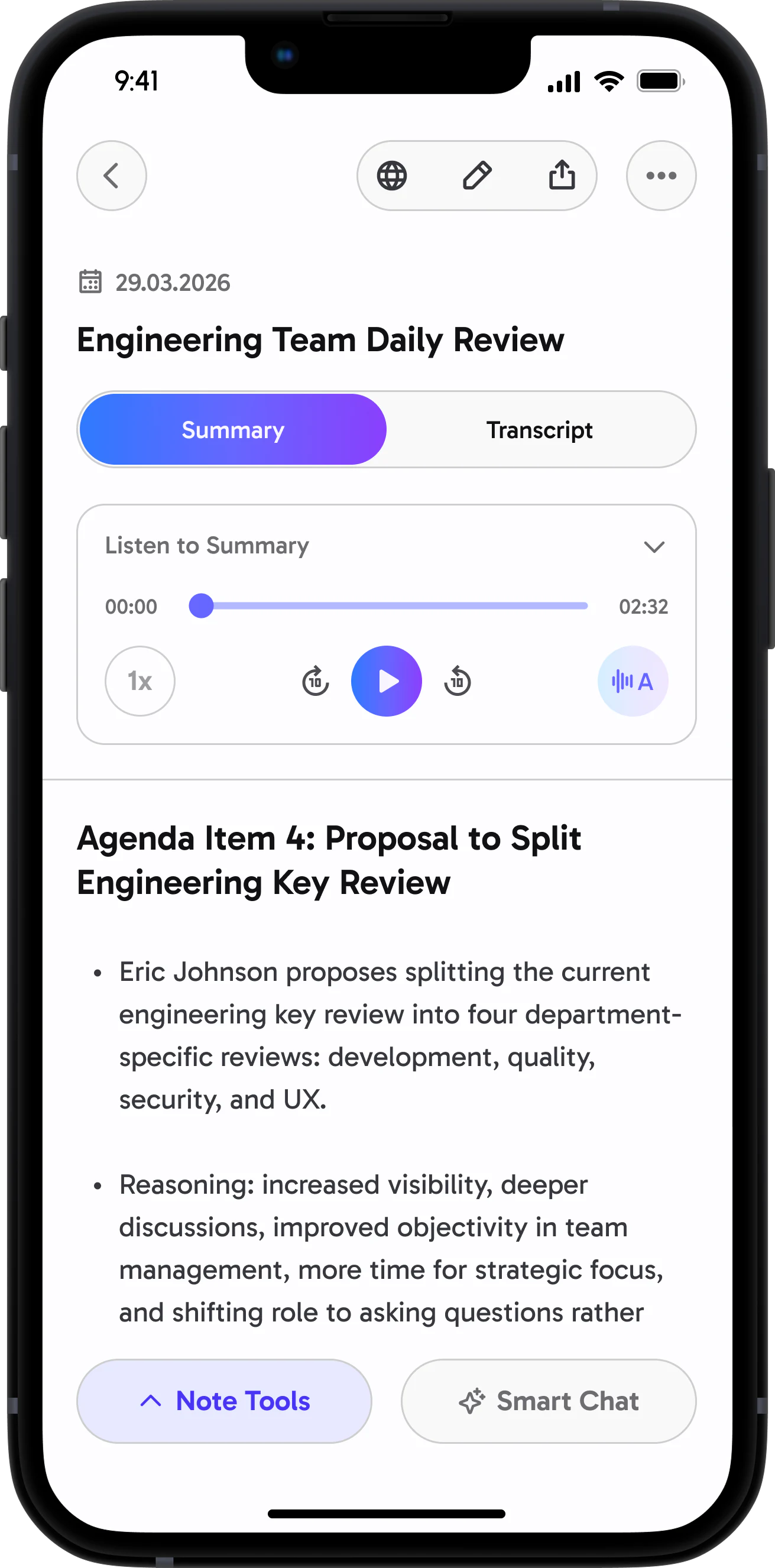 A newly opened note, Engineering Team Daily Review, with the Note Tools intro sheet rising over it